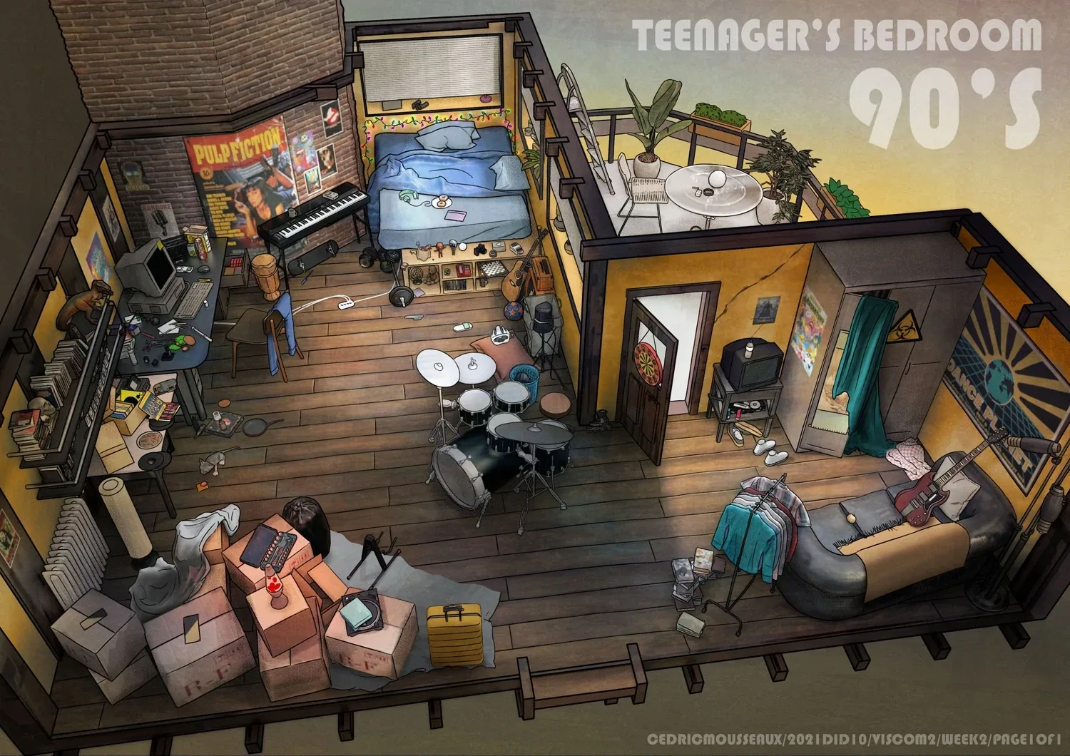 Concepto de partida: vista isométrica de la habitación de un adolescente de los 90