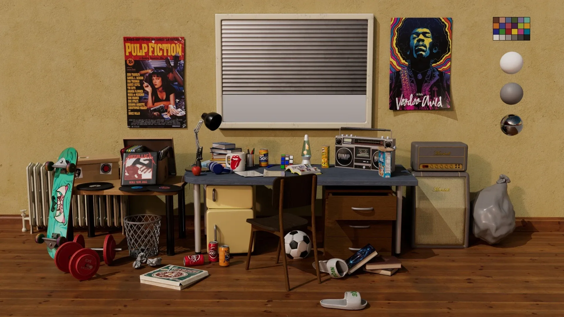 Diorama con escritorio, monopatín, radiocasete y pósters de los 90
