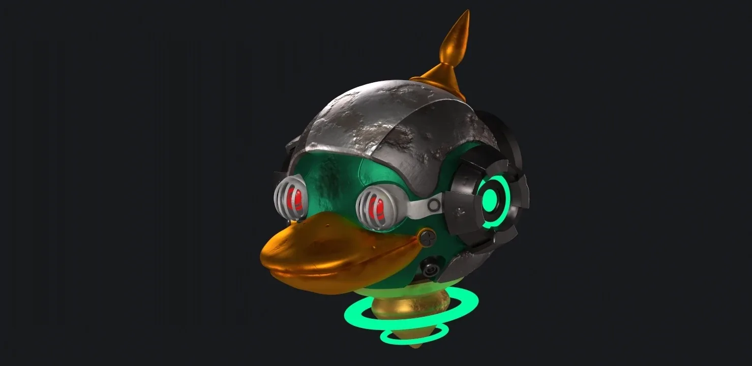 Mecha con forma de pato, con ojos y anillos verdes luminosos