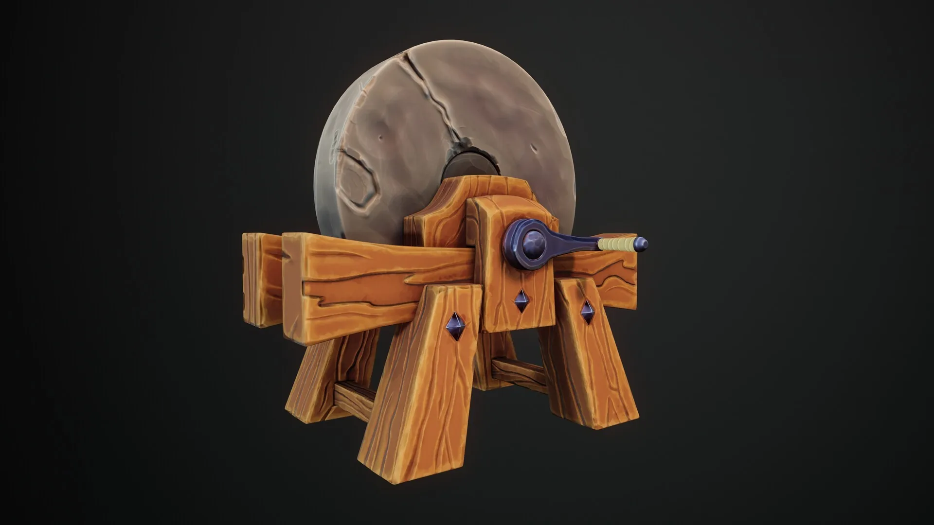 Piedra de afilar estilizada con estructura de madera y manivela