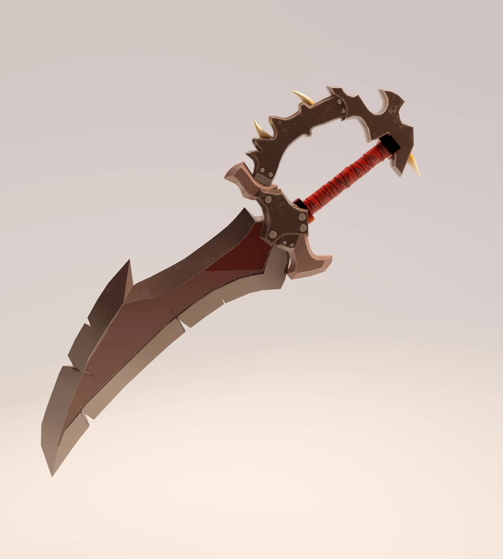Espada de hoja curva roja con guarda de engranaje